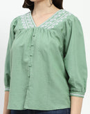 Madame Embroidered Cotton Blend Green Tunic Top