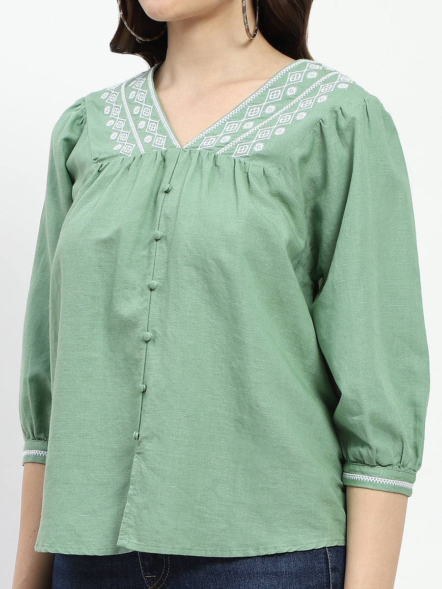 Madame Embroidered Cotton Blend Green Tunic Top