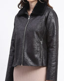 Madame Textured Self Design Black Bonded Suede Jacket