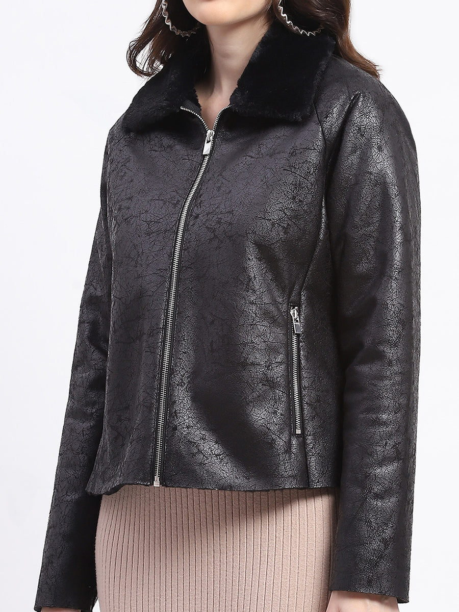 Madame Textured Self Design Black Bonded Suede Jacket