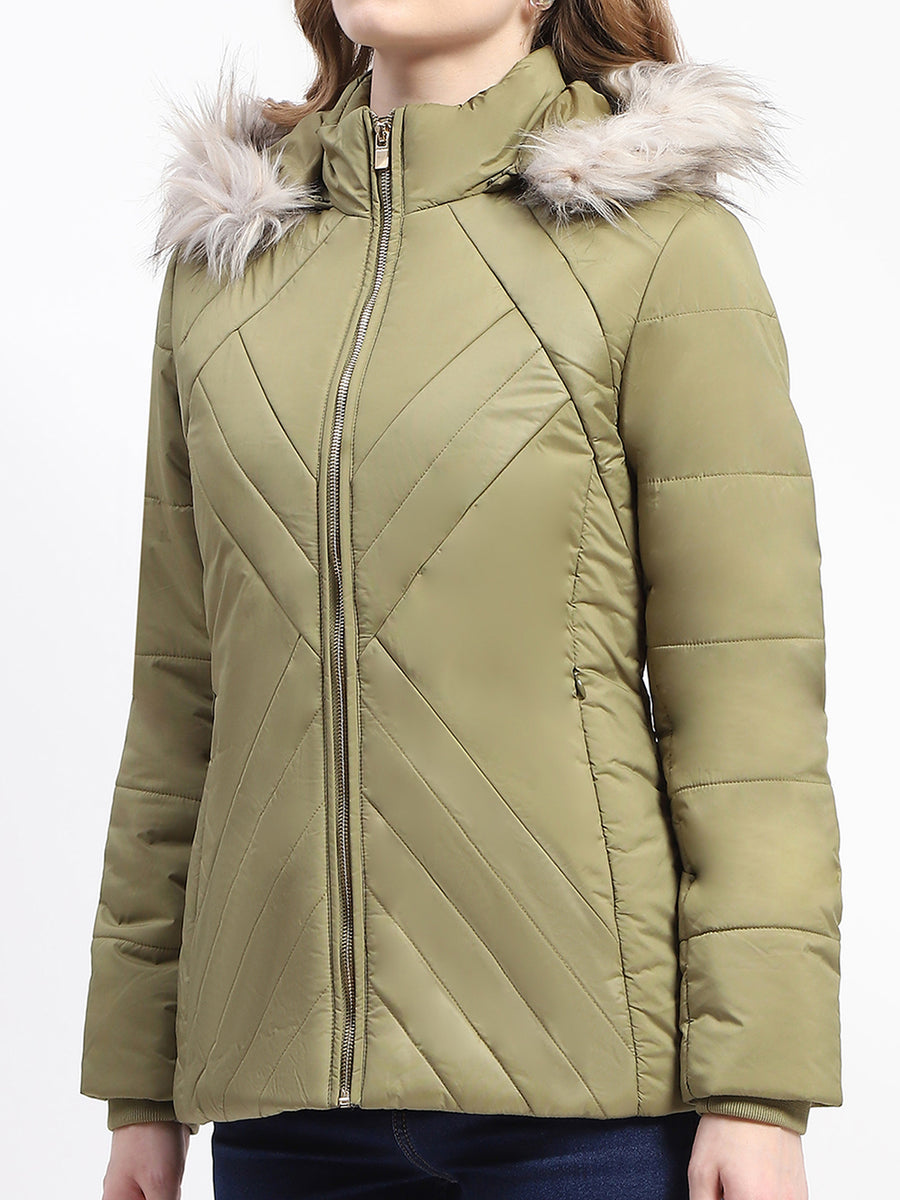 Madame Faux Fur Quilted Apple Green High Collar Puffer Jacket