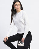 Madame Solid Full Sleeve Off White Knitted Top