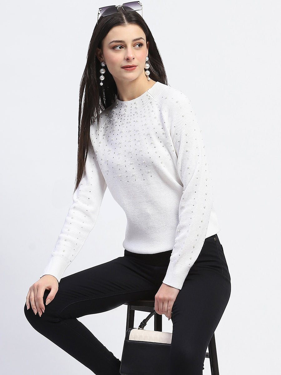 Madame Solid Full Sleeve Off White Knitted Top