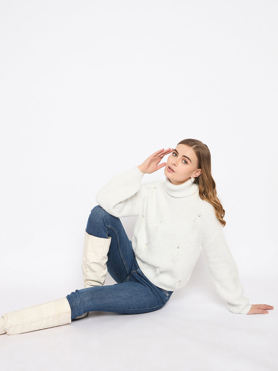 Madame Embellished Turtleneck Off White Sweater