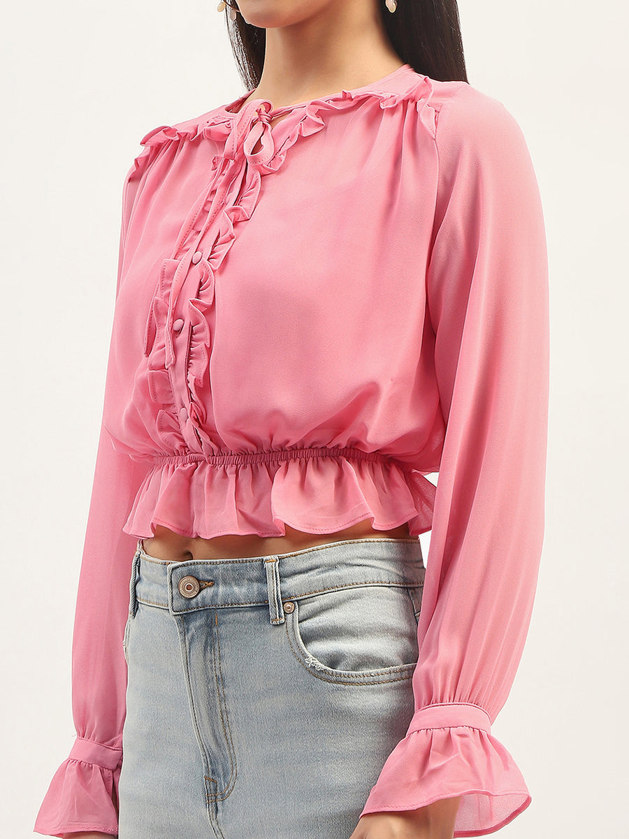 Madame Pink Ruffle Detailing Peplum Top