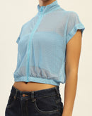 Madame Front Zipper Half Sleeve Cotton Blue Top