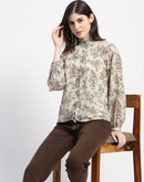 Madame Frill Neck Button Down Mint Floral Print Top