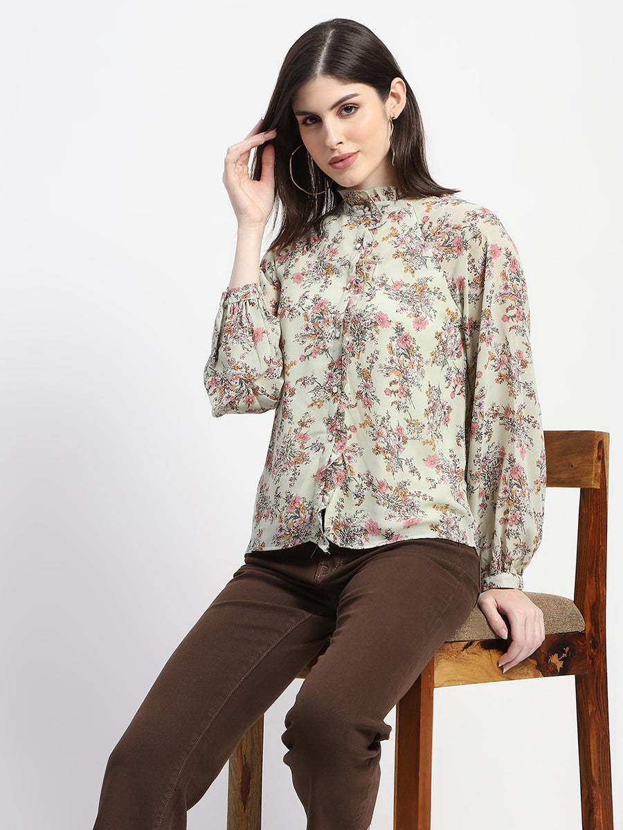 Madame Frill Neck Button Down Mint Floral Print Top