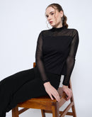 Madame Band Neck Embellished Solid Black Mesh Top