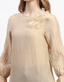 Madame Beige Ruffle Sleeve Textured Tencel Blend Top