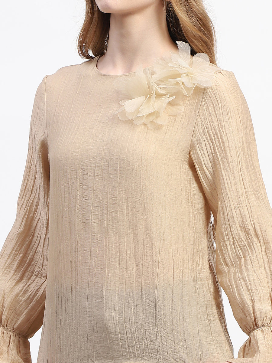 Madame Beige Ruffle Sleeve Textured Tencel Blend Top