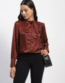 Madame Tie Up Neck Cuffed Sleeve Brown Top