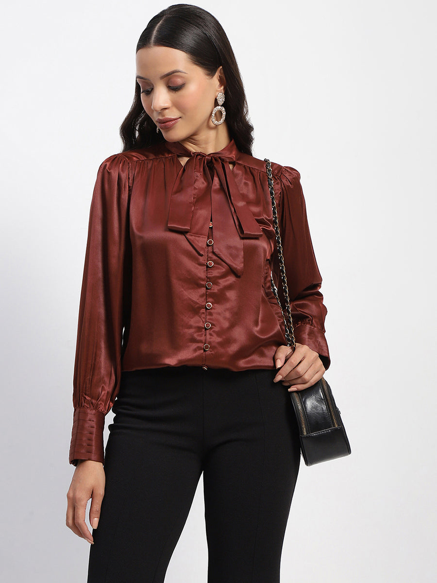 Madame Tie Up Neck Cuffed Sleeve Brown Top