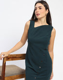 Madame Button Accented Asymmetrical Neck Teal Midi Dress