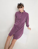 Madame Buttoned Plum Cotton Shirt Dress