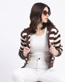 Madame Viscose Blend Zipped Chocolate Brown Striped Knitted Top