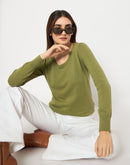 Madame Round Neck Ribbed Cuff Olive Sweater