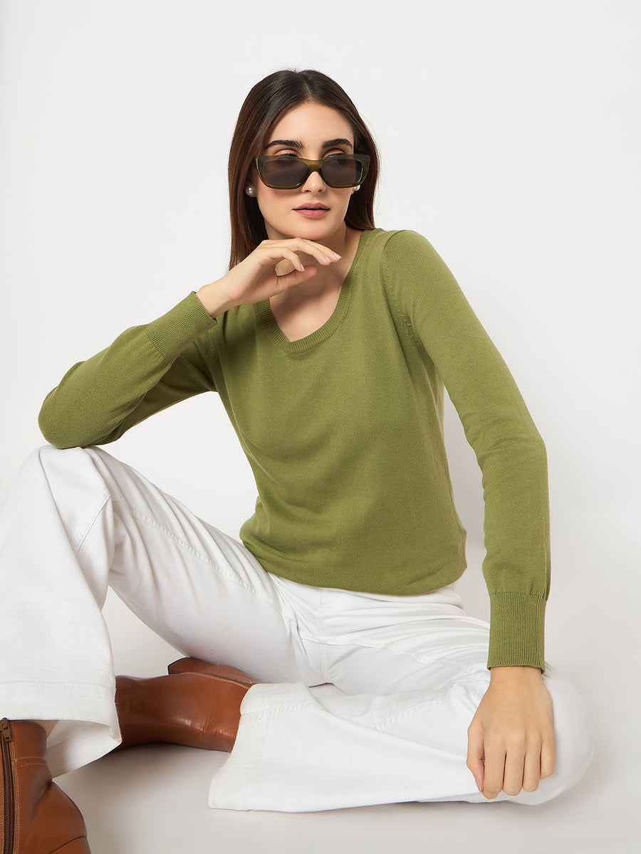 Madame Round Neck Ribbed Cuff Olive Sweater