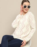 Madame Self Design Pearl Buttoned Off White Cardigan