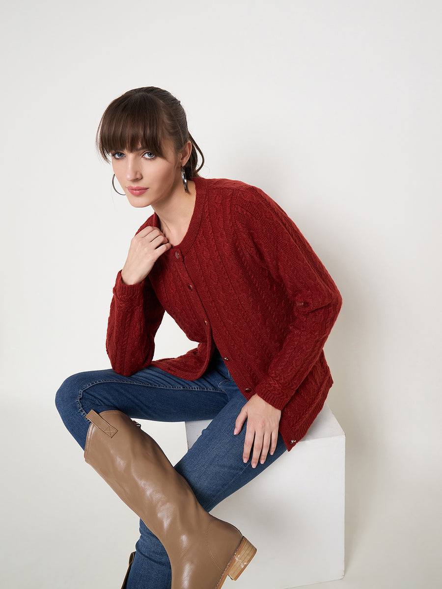 Madame Self Design Crew Neck Rust Cardigan