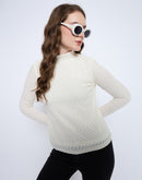 Madame Textured Mock Neck Solid Off White Top