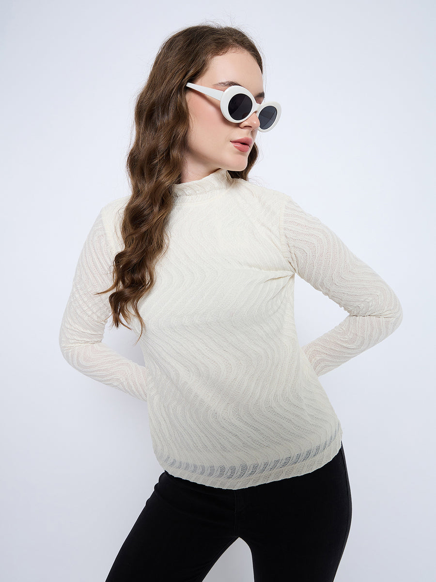 Madame Textured Mock Neck Solid Off White Top