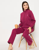 mSECRET Printed Zipped Top and Bottom Cotton Blend Plum Night Suit