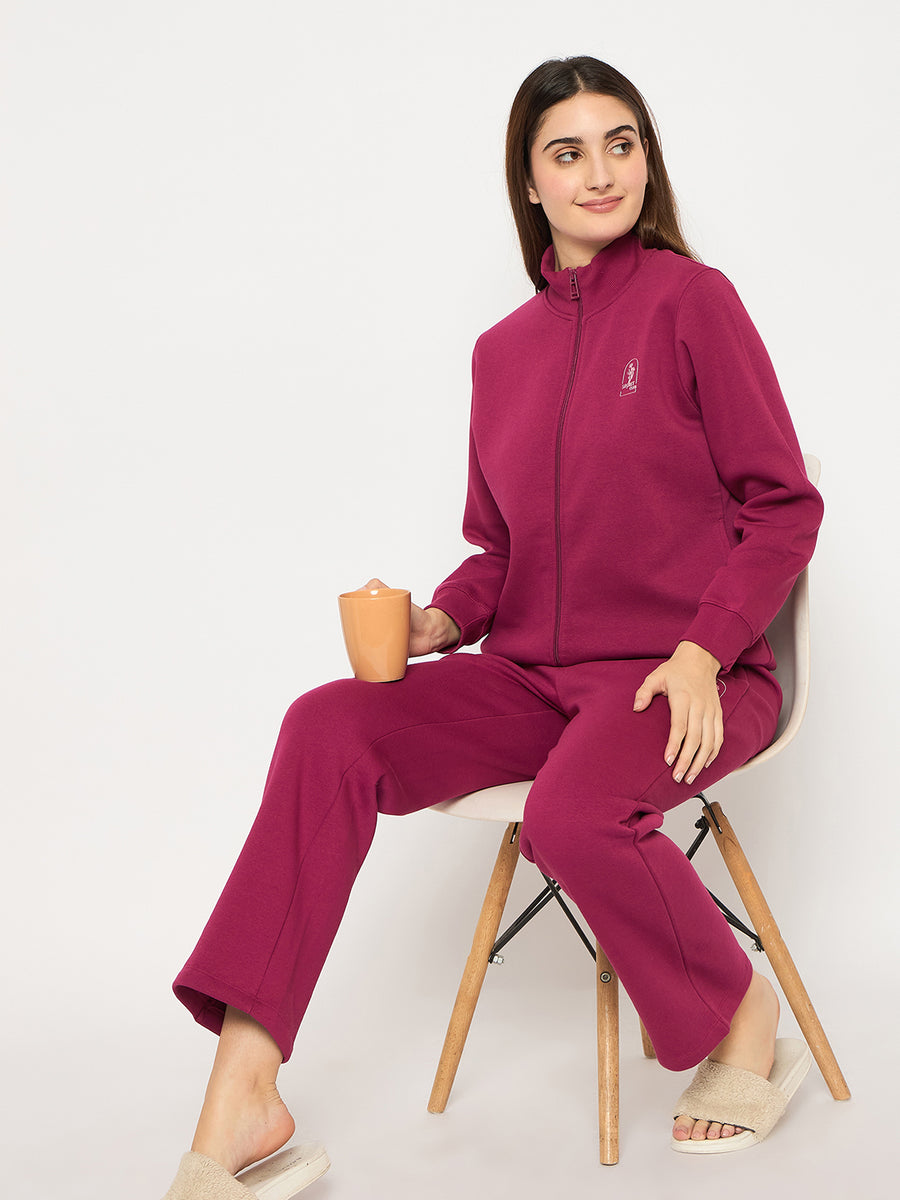 mSECRET Printed Zipped Top and Bottom Cotton Blend Plum Night Suit