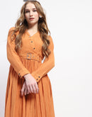 Madame Pleated Cotton Blend Orange Shirt Dress