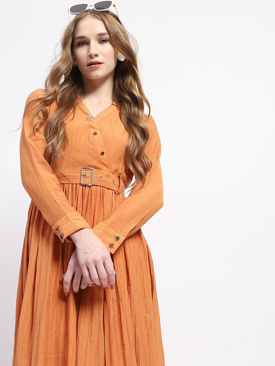 Madame Pleated Cotton Blend Orange Shirt Dress