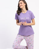 mSECRET Cotton Mauve Night Set with Typography Floral Print