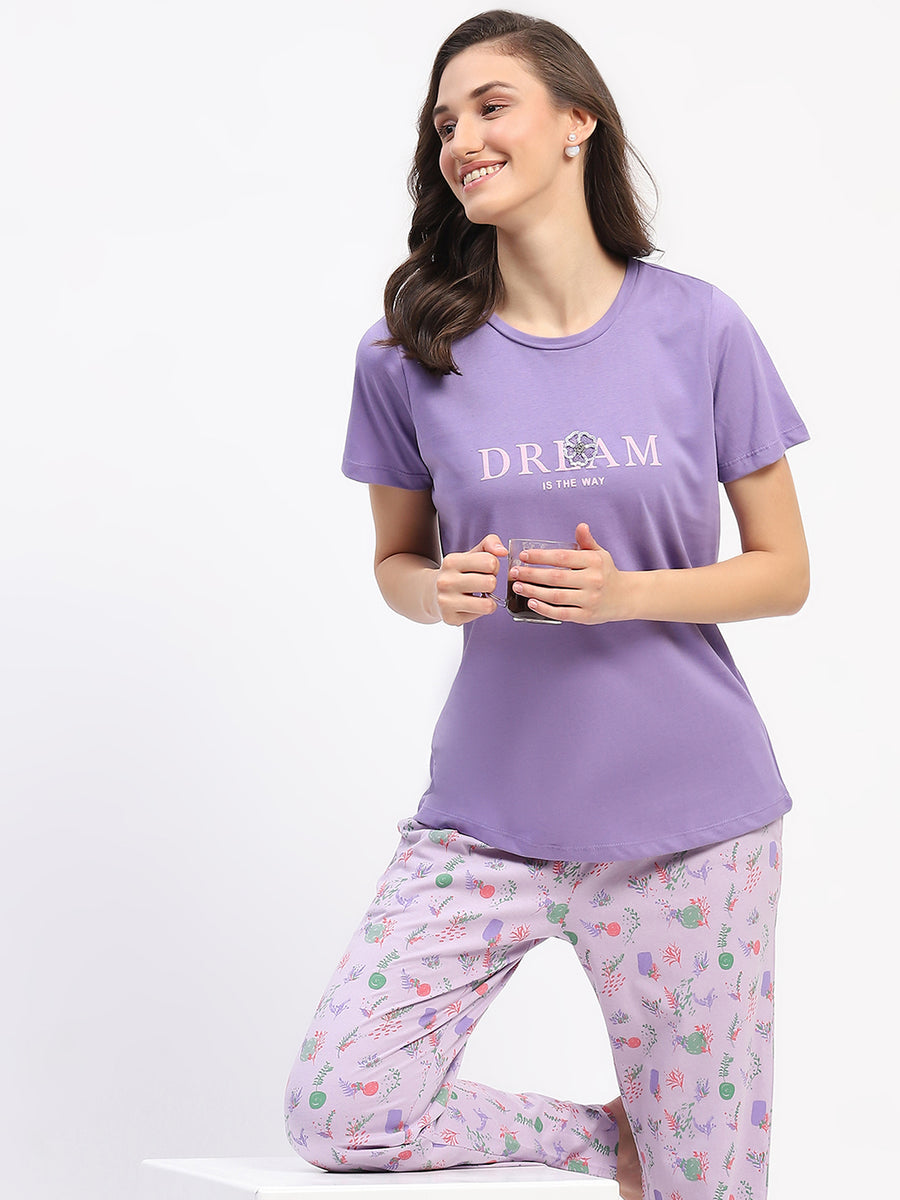 mSECRET Cotton Mauve Night Set with Typography Floral Print