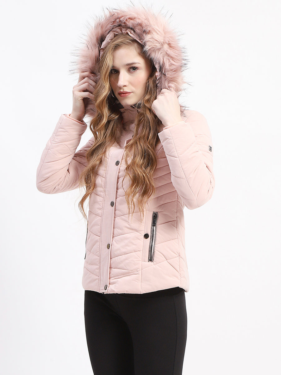 Madame Light Pink Faux Fur Hood Quilted Puffer Jacket