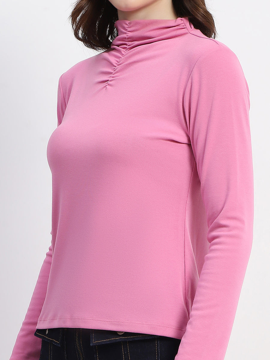 Madame Ruched Mock Neck Plain Pink Cotton Top