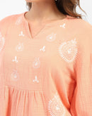 Madame Balloon Sleeve Peach Chikankari Work Top