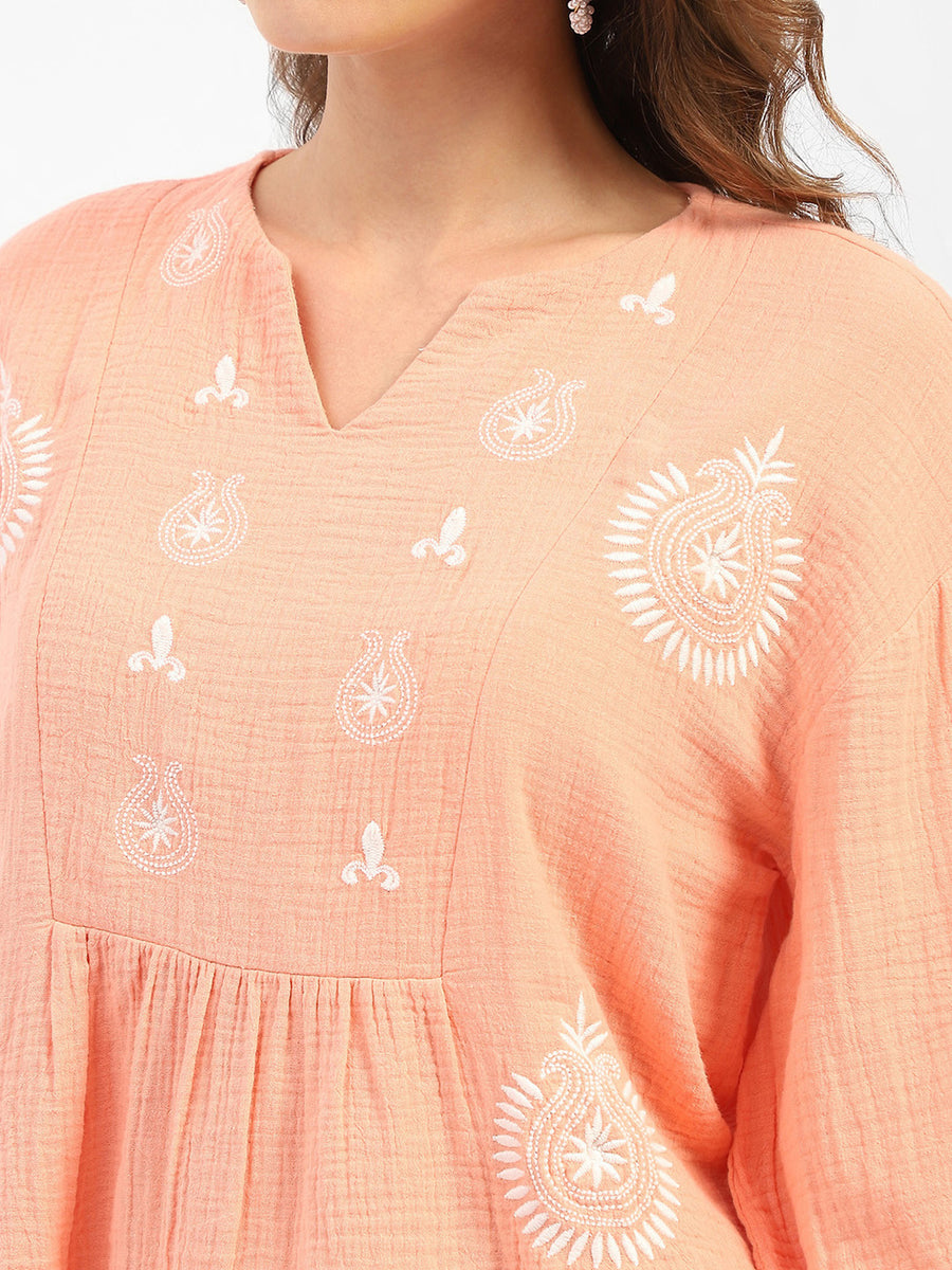 Madame Balloon Sleeve Peach Chikankari Work Top