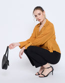 Madame Pleat Detailed Pearl Buttoned Solid Mustard Yellow Shirt