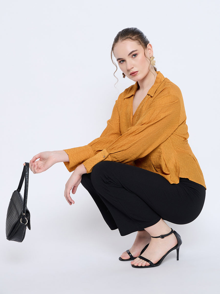 Madame Pleat Detailed Pearl Buttoned Solid Mustard Yellow Shirt