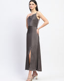 Madame Cowl Neck Solid Grey Satin Maxi Dress