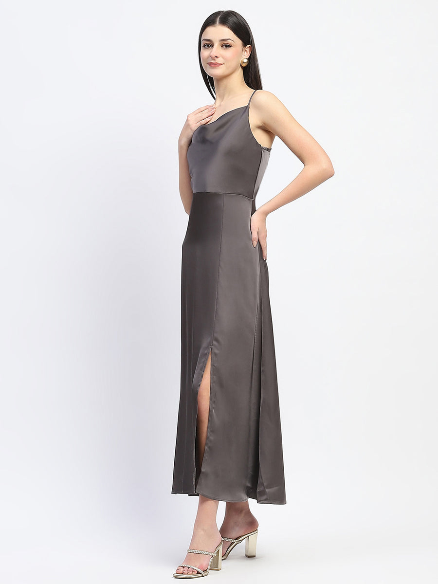 Madame Cowl Neck Solid Grey Satin Maxi Dress