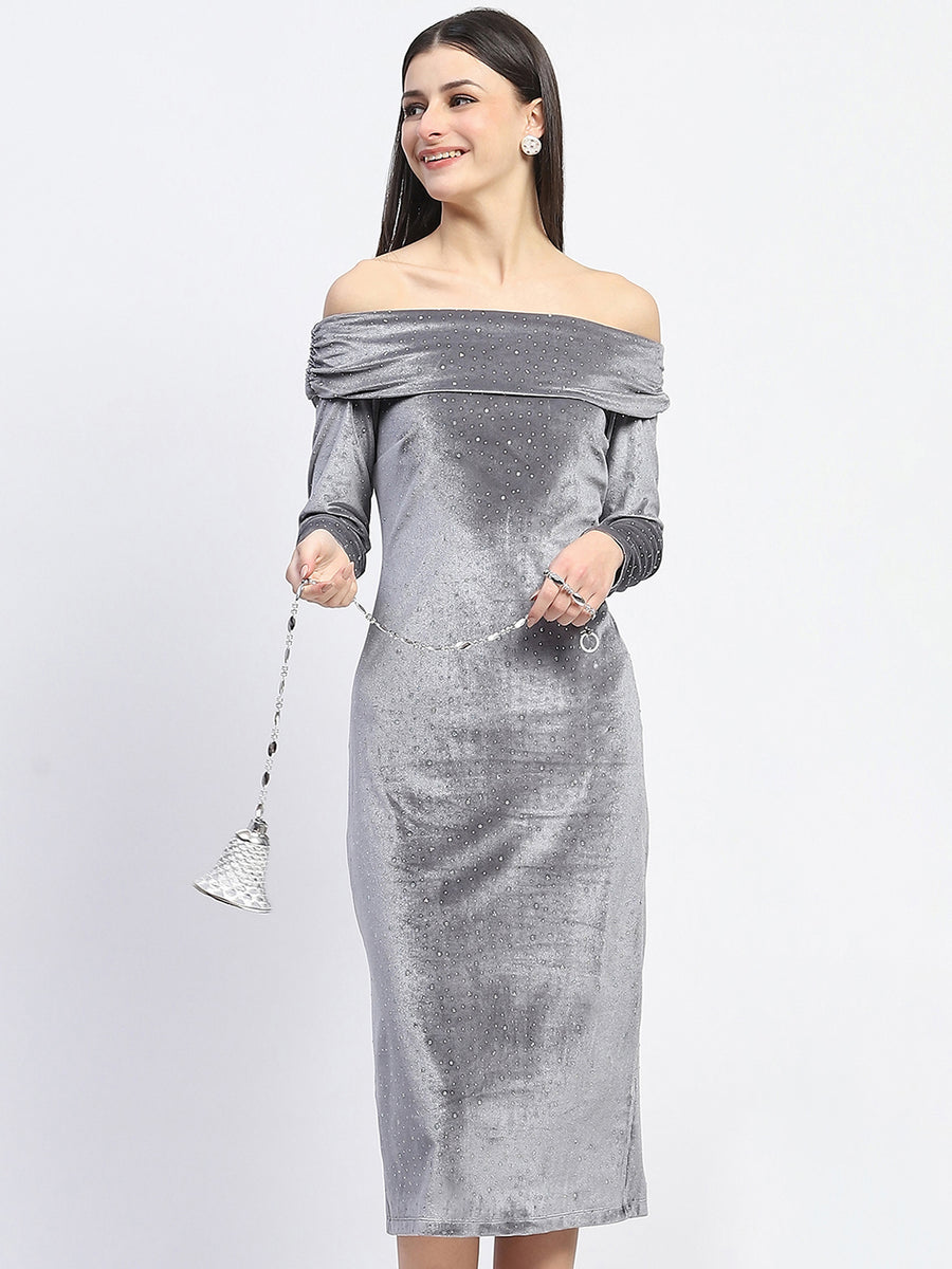 Madame Off-shoulder embellished Grey Velvet Dress