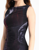 Madame Black Bodycon Abstract Print Ruched Midi Mesh Dress