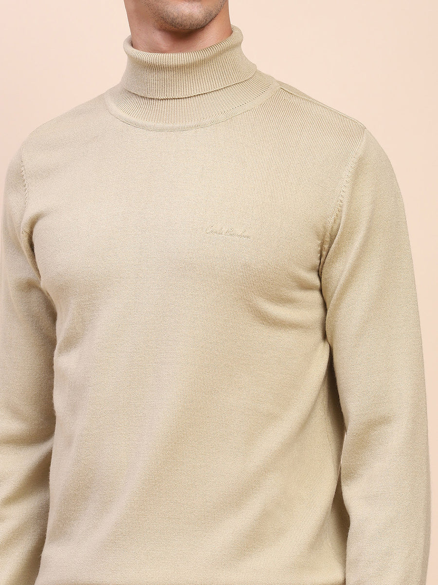 Camla Barcelona Embossed High Neck Solid Beige Sweater