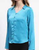 Madame Satin Bell Sleeve Collared Solid Blue Top