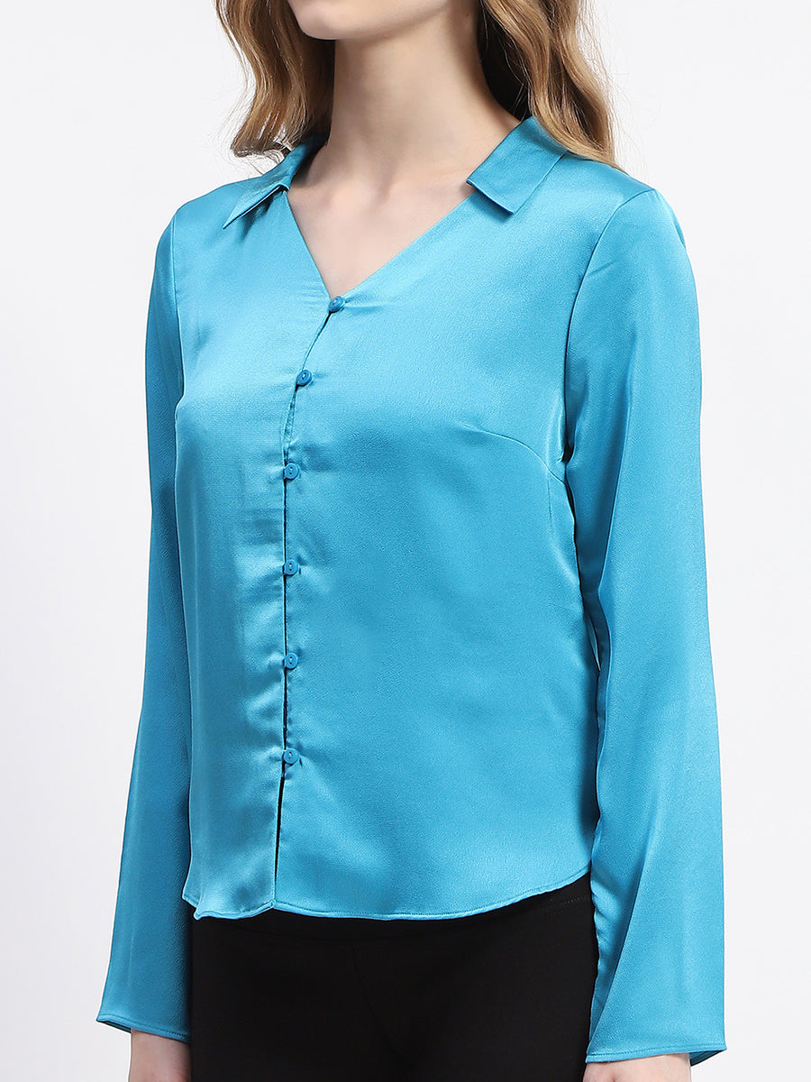 Madame Satin Bell Sleeve Collared Solid Blue Top