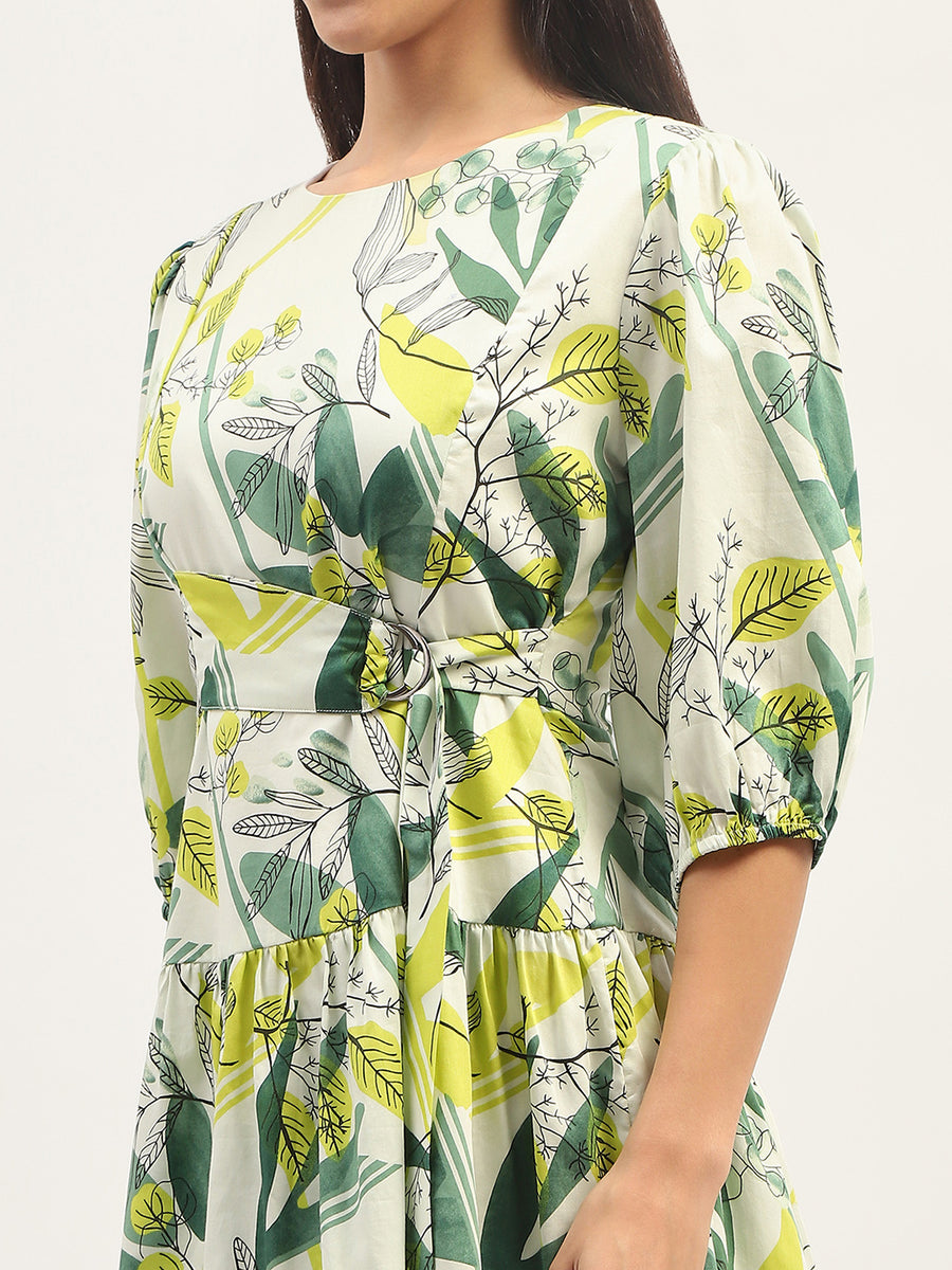 Madame Tier Print Fit And Flare Cotton Lime Mini Dress