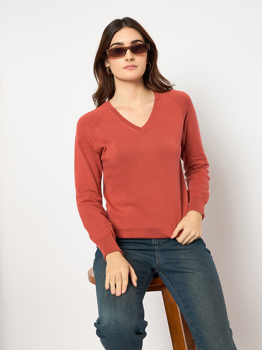 Madame V Neck Skinny Fit Rust Red Sweater