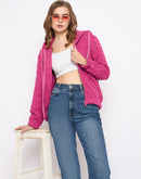 Madame Cotton Blend Self-Textured Zipped Hot Pink Sweatshirt