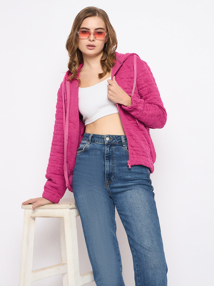 Madame Cotton Blend Self-Textured Zipped Hot Pink Sweatshirt