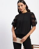 Madame Embroidered Crew Neck Black Mesh Top